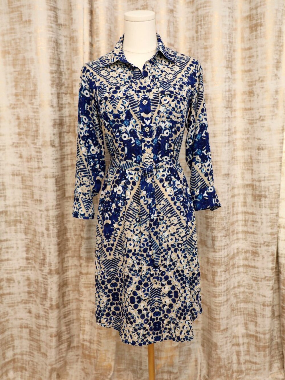 CAbi Blue and Sand Print Button Down Shirttail Dress Style 422 Size XS